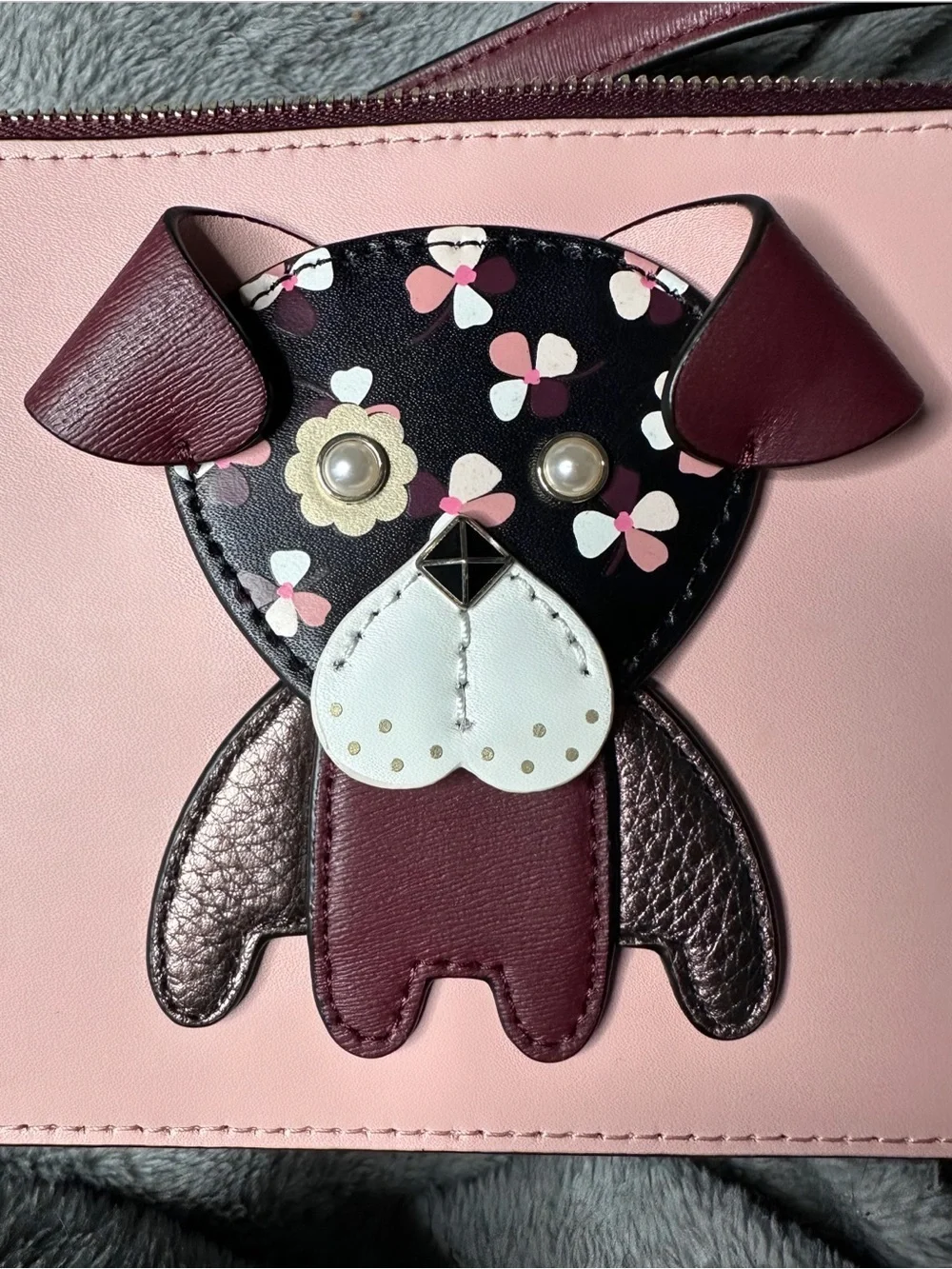 kate spade pink and burgundy dog appliqué crossbody